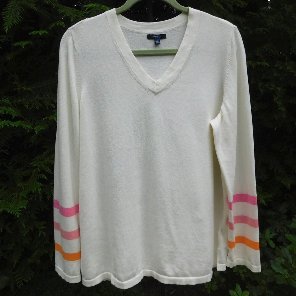 Nautica Lightweight V-Neck Cotton Sweater with Stripe Detail